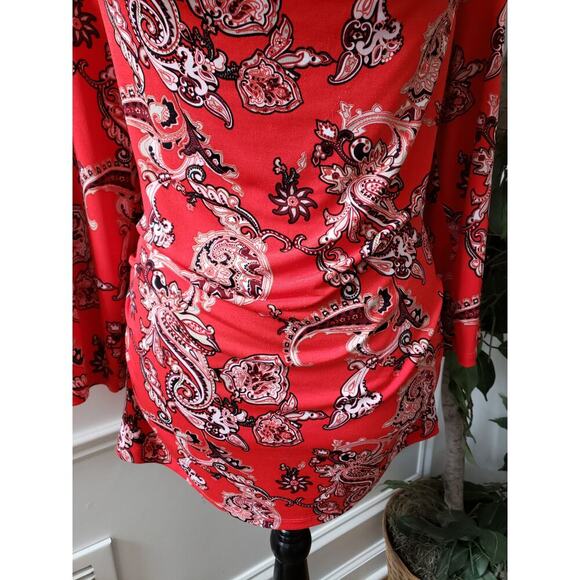 7th Avenue Blouse Women L Red Paisley Stretch Long Sleeve Ruched Cowl Neck Top - Picture 5 of 13